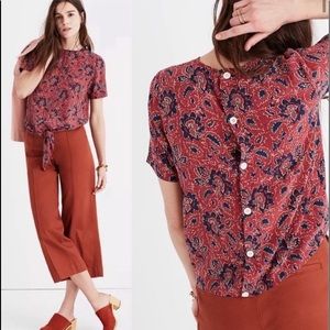 NWOT - Madewell Paisley Button Back, Tie Front Top; Size XXS